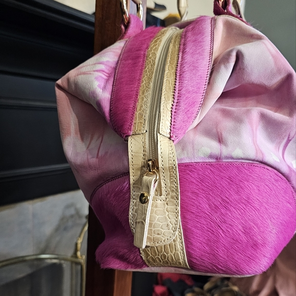 Sold Fabric & Cowhide Tie Dye Pink Satchel Handbag Purse - Picture 6 of 12